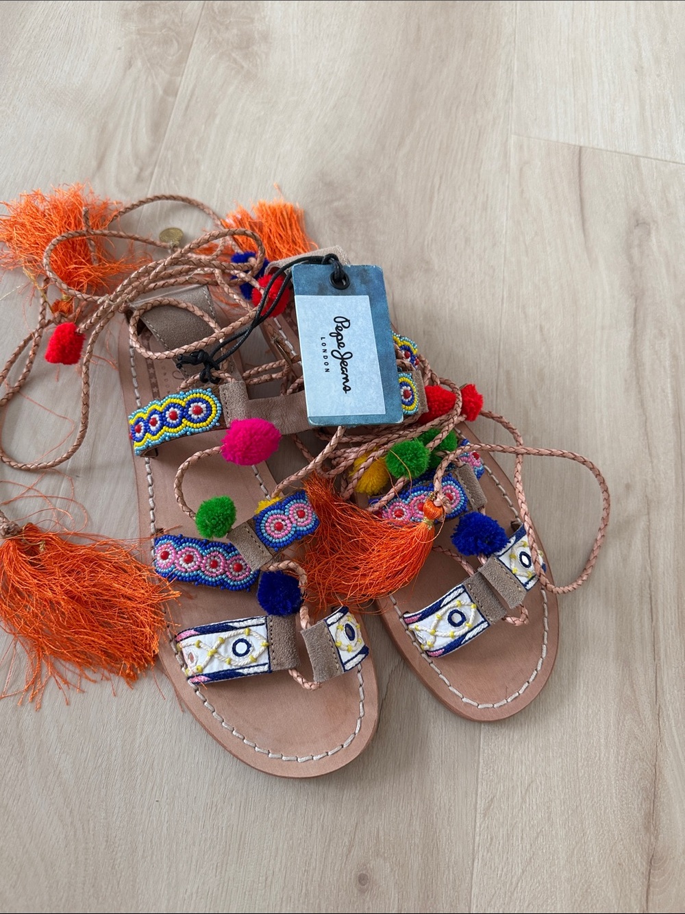 Pepe Jeans Tan Gladiator Sandals with Multicolor Pom-Poms